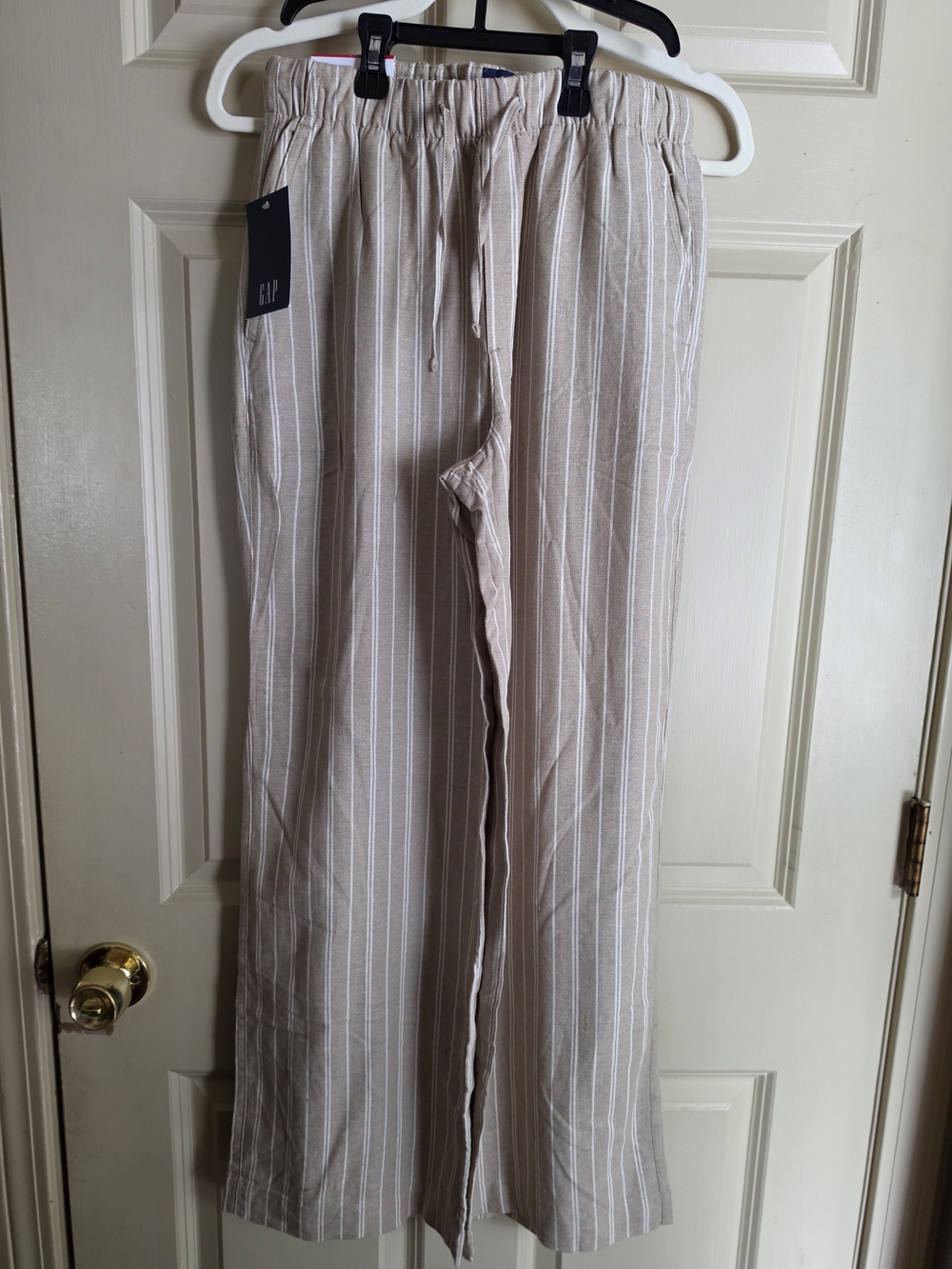 GAP Beige Pinstripe Linen-Blend Drawstring Chinos